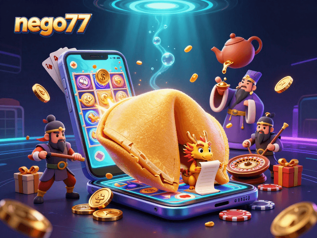 Engage with nego77's vibrant casino world through dynamic slot games, fortune cookies, and playful dragons.