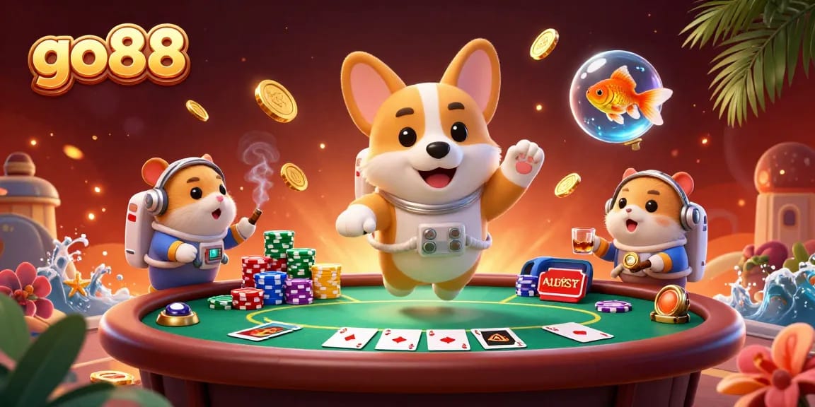 Experience thrilling gameplay at go88 with a 3D illustration of an astronaut corgi in a cosmic casino.