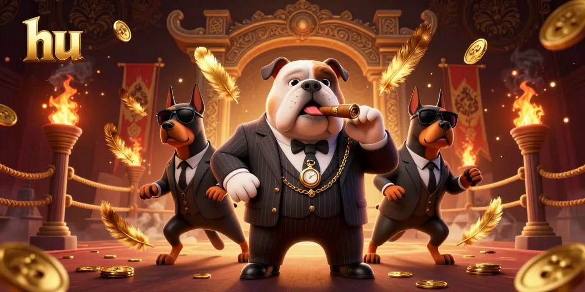 Engage with high-stakes action featuring the hu online casino's 3D mafia boss bulldog surrounded by epic gambling elements.