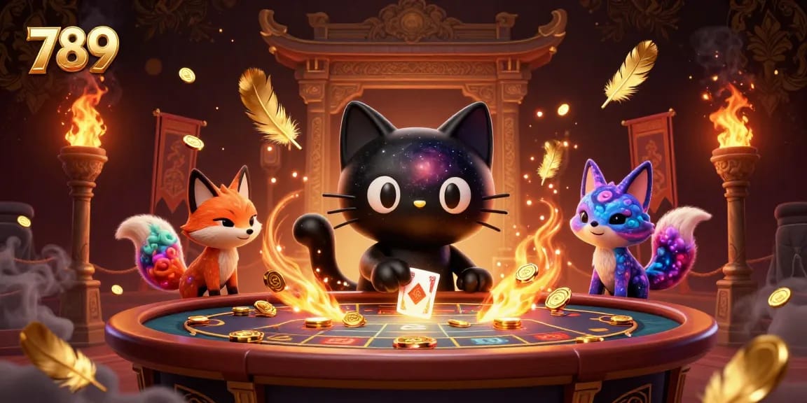 Engage with the thrilling world of 789 casino gameplay featuring a cosmic black hole cat and nebula fox.