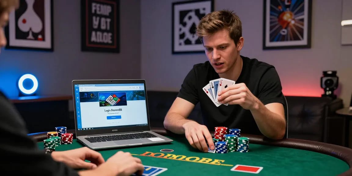 Action-packed scene of a player immersed in the Login Domino88 poker game with vibrant chips and cards.
