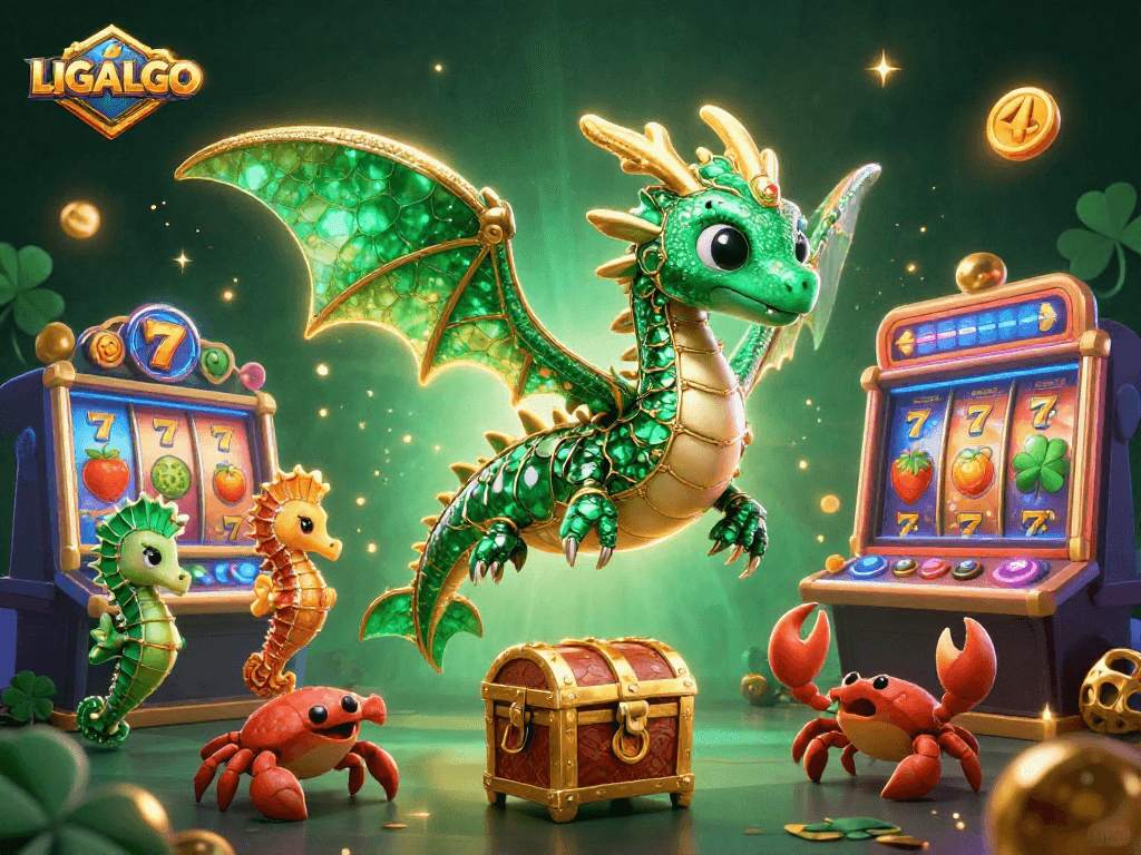 LIGALGO offers an exciting scene where a sea dragon and friends celebrate wins at colorful slot machines.