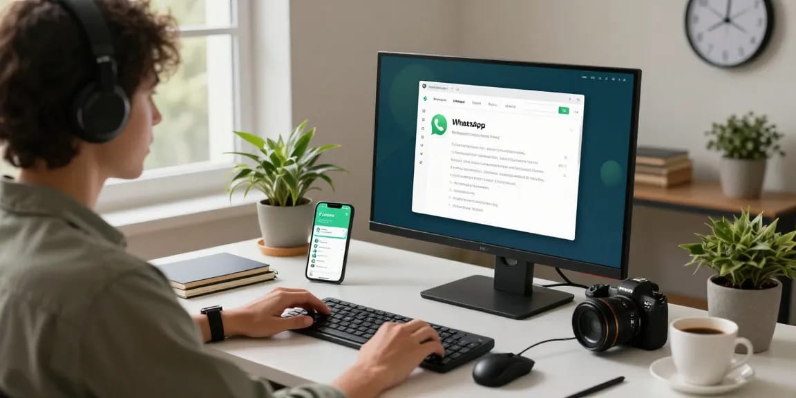 Using WhatsApp電腦版 in a modern home office with a user engaged in messaging and productivity.