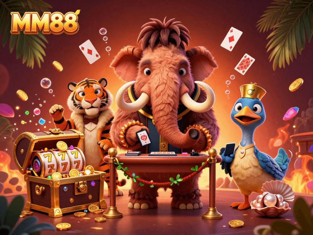 Experience the vibrant energy of MM88 with a bustling casino scene featuring playful characters and dynamic game elements.