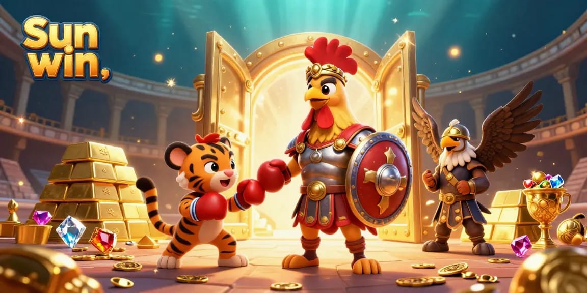 Engage in the thrilling experience of Sun win with captivating 3D casino elements surrounding gladiator characters.