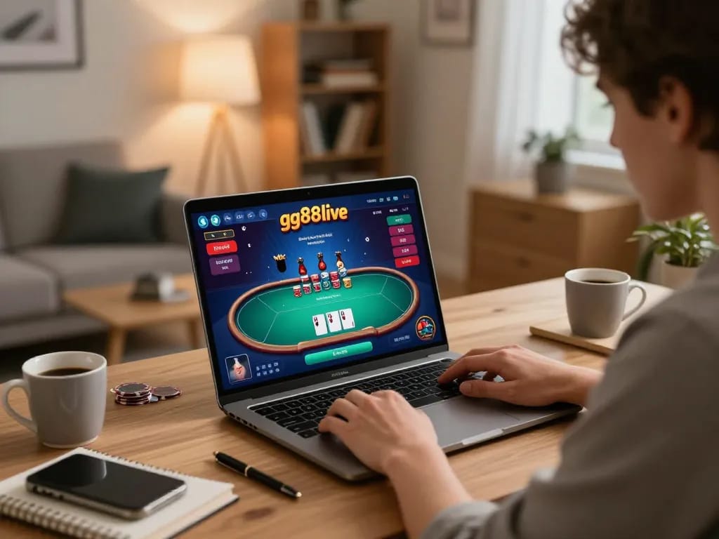 Engaged player enjoying a new gg88live poker game on their laptop in a cozy home environment.