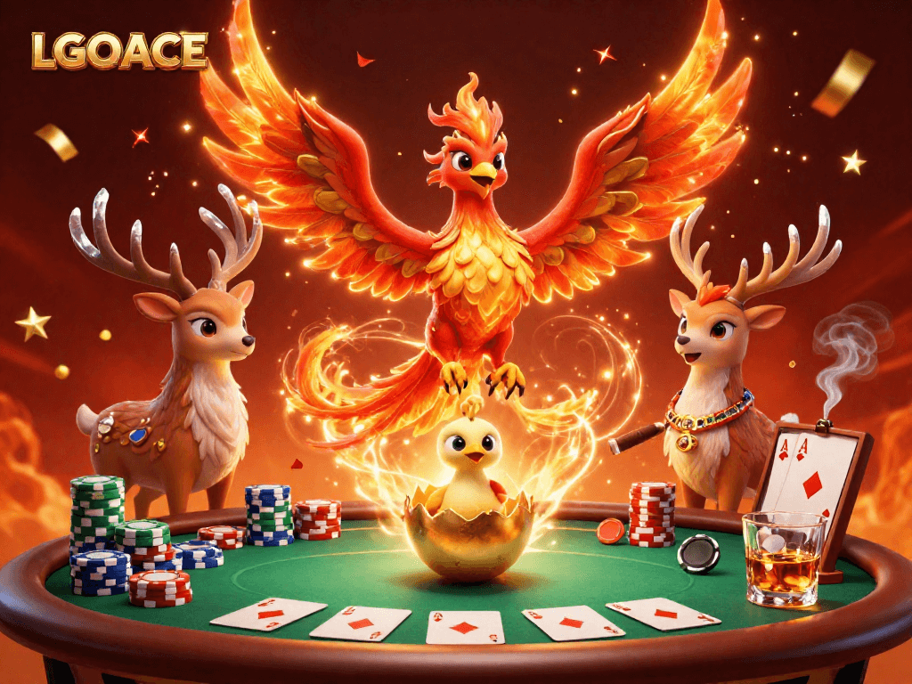LGOACE captures a vibrant 3D casino scene with a phoenix and poker elements.