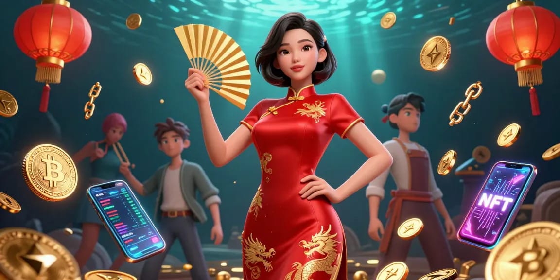 Alo8 offers thrilling casino games with a stylish Asian woman in a vibrant qipao dress, surrounded by gold coins.