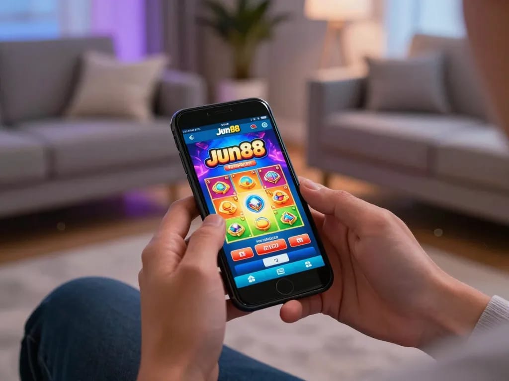 Engaging with the Jun 88 casino app on mobile, showcasing exciting gameplay in a modern setting.