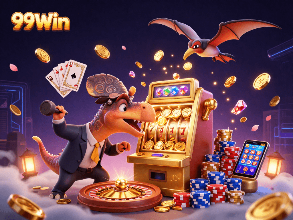 Catch golden coins with 99Win's exciting slot machine jackpot action featuring thrilling characters.