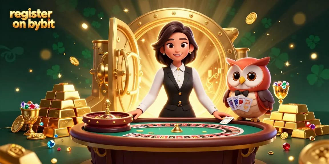 Register on Bybit to play casino games with an elegant dealer and charming owl assistant.