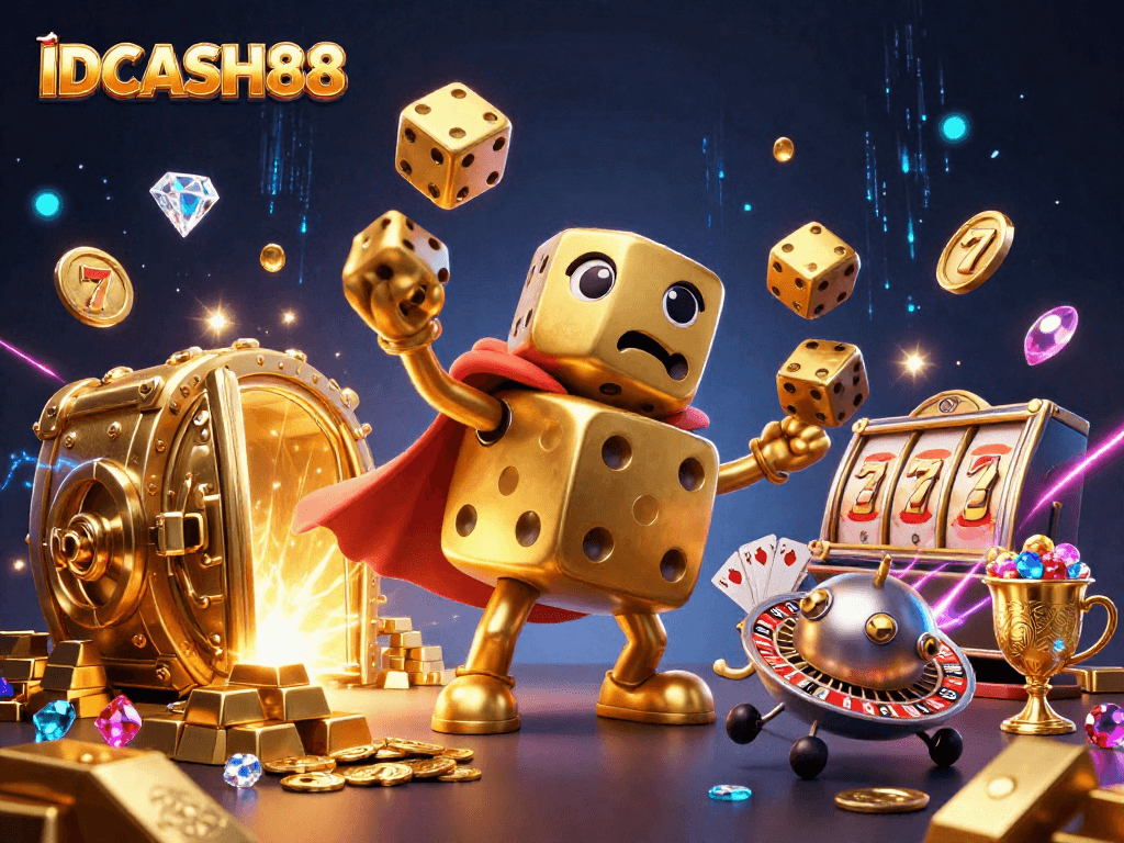 Win at IDCASH88 by rolling golden dice with jackpots and treasure in a vibrant casino illustration.