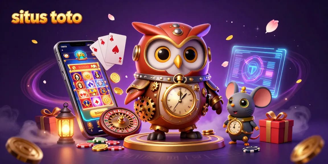 Engage with situs toto as the whimsical time-traveler owl and mouse light up a vibrant casino scene.