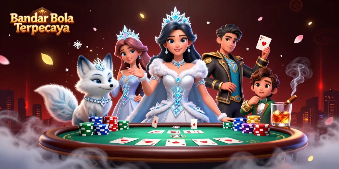 Engage with Bandar Bola Terpercaya in this vibrant 3D casino scene showcasing poker dynamics.