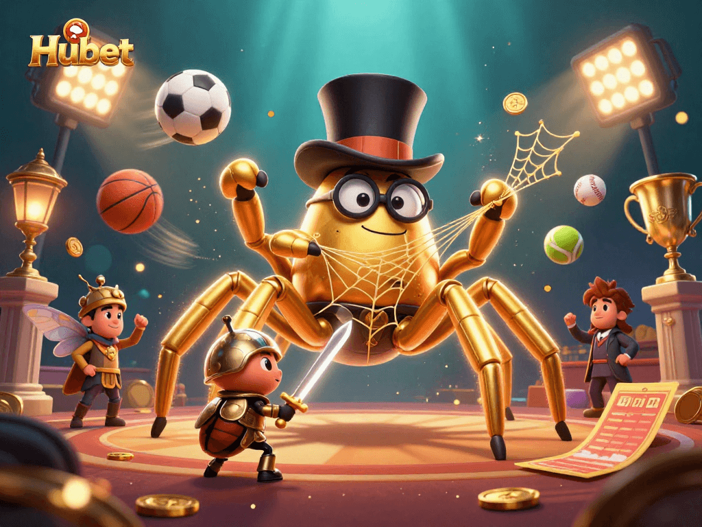 Engage with exciting gameplay at Hubet, where a golden tarantula weaves fortune in a vibrant casino scene.