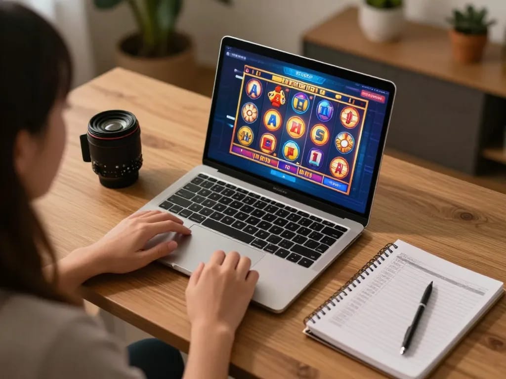 Engaging online gaming experience with cashmyminutes platform, showing vibrant slot game interface and strategic notes.