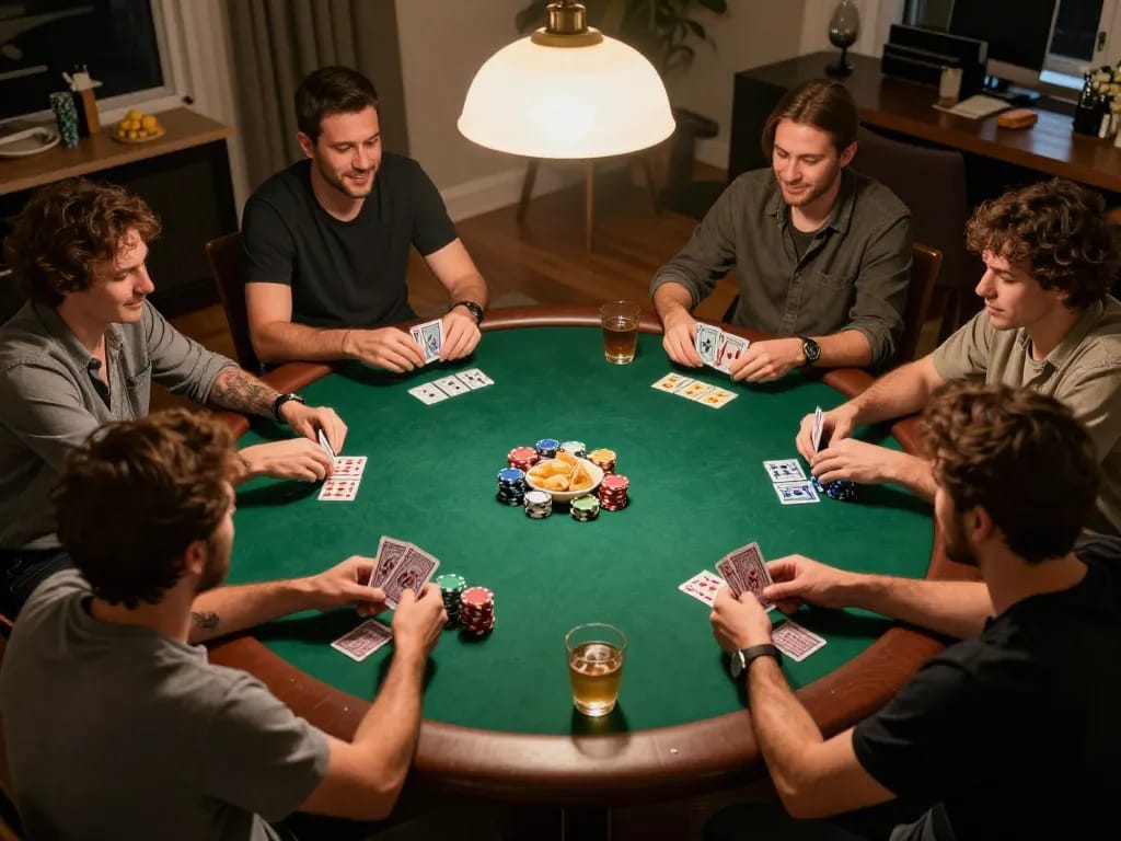 Friends enjoying a poker night with lively strategies at blueskybuds, showcasing a friendly competitive atmosphere.