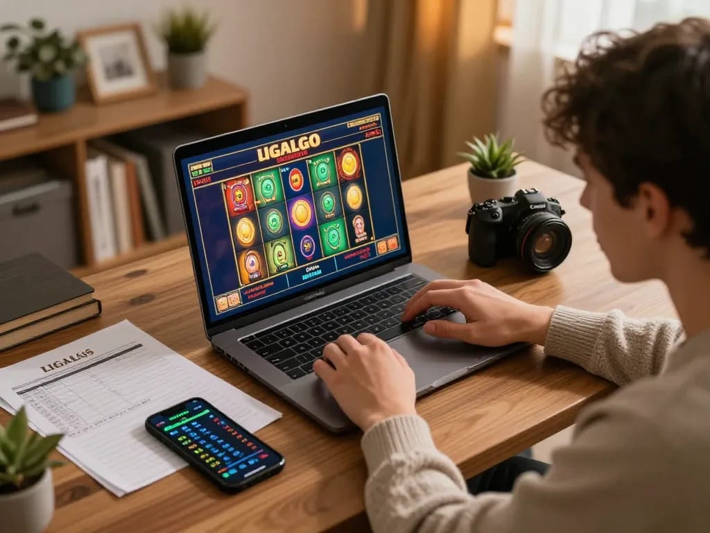 LIGALGO SLOT gaming session; player engaged with laptop amidst strategic notes and smartphone.