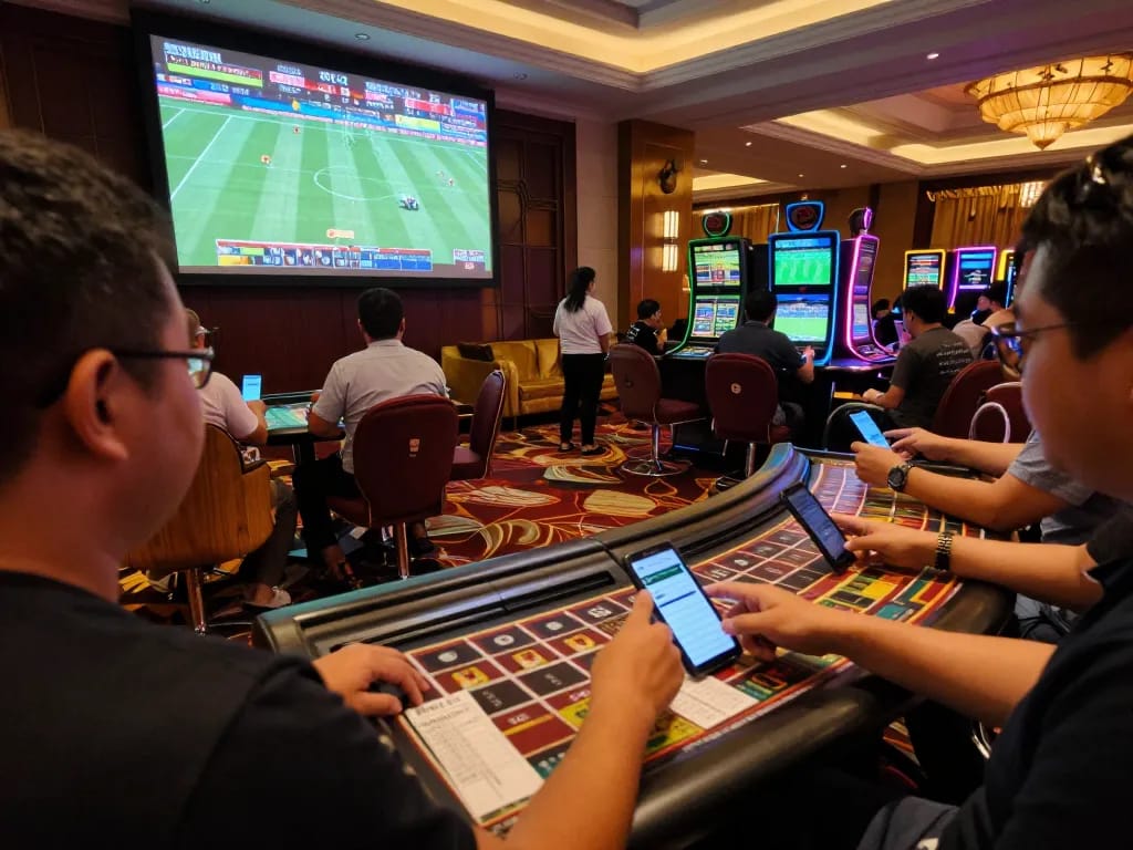 Engaging sports bettors actively placing wagers at xx88 com in a modern casino setting.