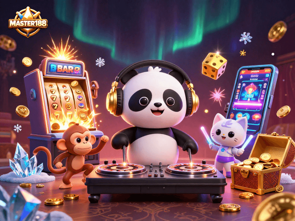 Experience the excitement of MASTER188 with vibrant characters celebrating jackpots and casino fun.