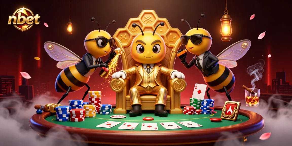 nbet cartoon scene with a mob boss bee, poker chips, and vibrant gaming action