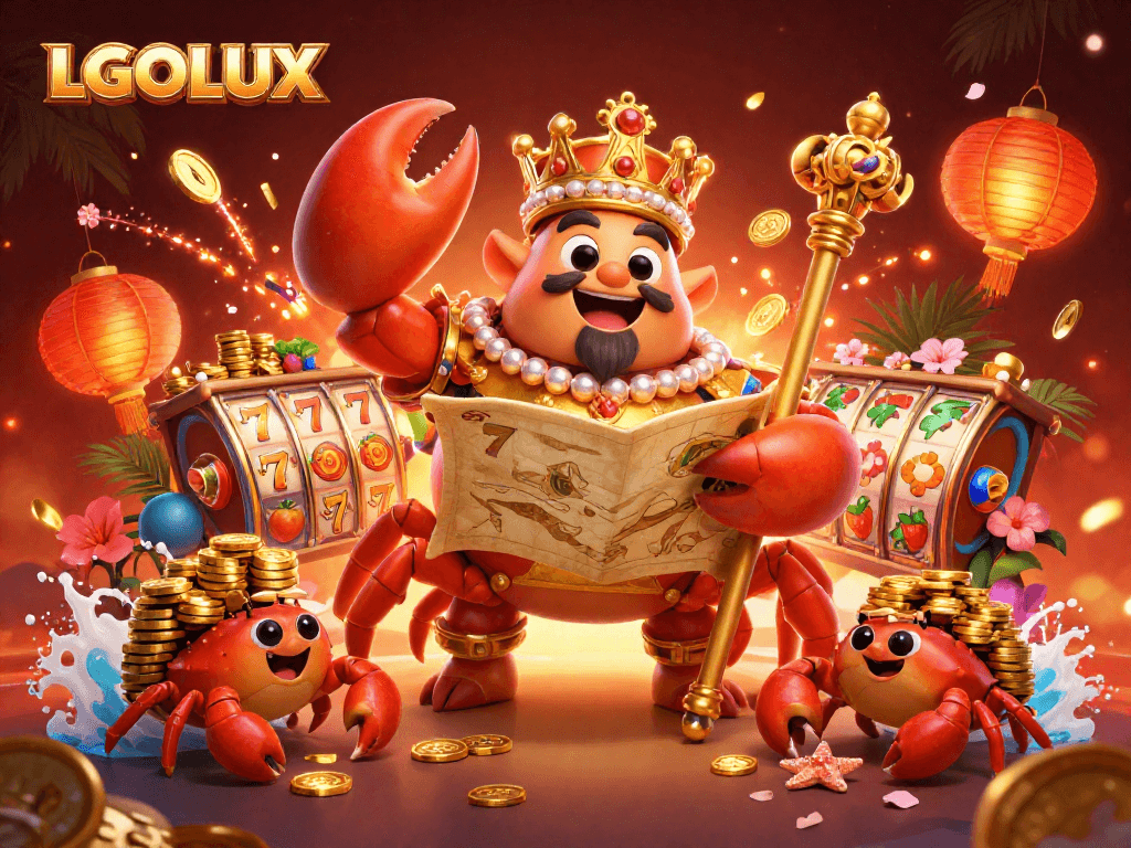 Immerse yourself in the vibrant LGOLUX casino with a golden crab emperor amidst enchanting slot elements and treasures.