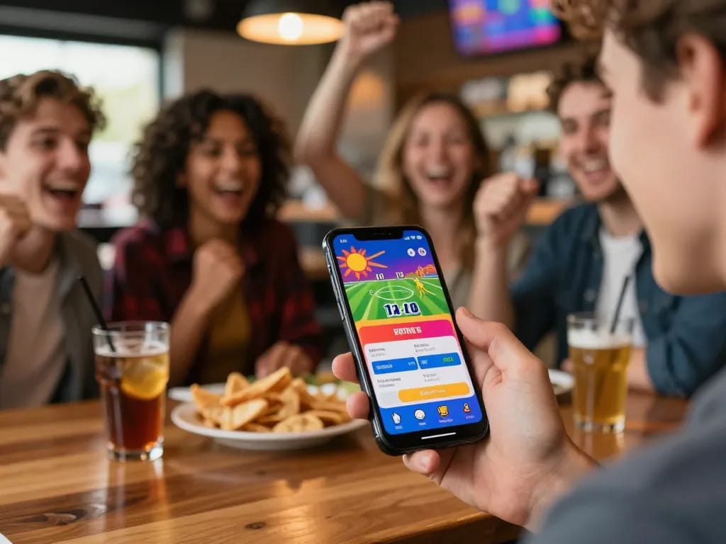 Experience the excitement of sun win sports betting on a mobile app in a festive sports bar.