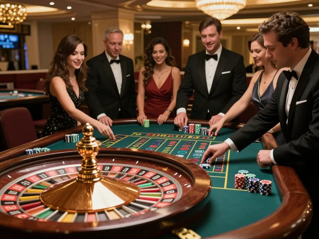 Players enjoy an exciting roulette game at a sleek casino table while votekindness promotes responsible gaming.