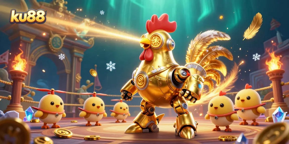 Experience thrilling casino action with ku88's vibrant 3D unlocks and golden tokens amidst a futuristic arena.