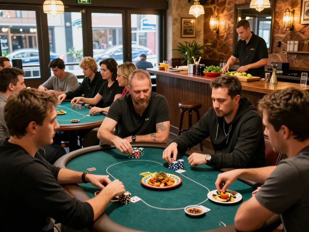 Guests engaging in poker games while enjoying delicious meals at POKERSERI restaurant in Jakarta.