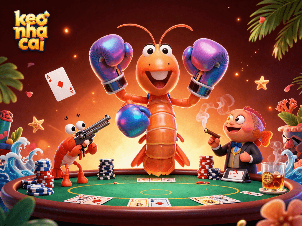 Engage with keo nha cai at this vibrant 3D casino scene, featuring poker excitement and lively characters.