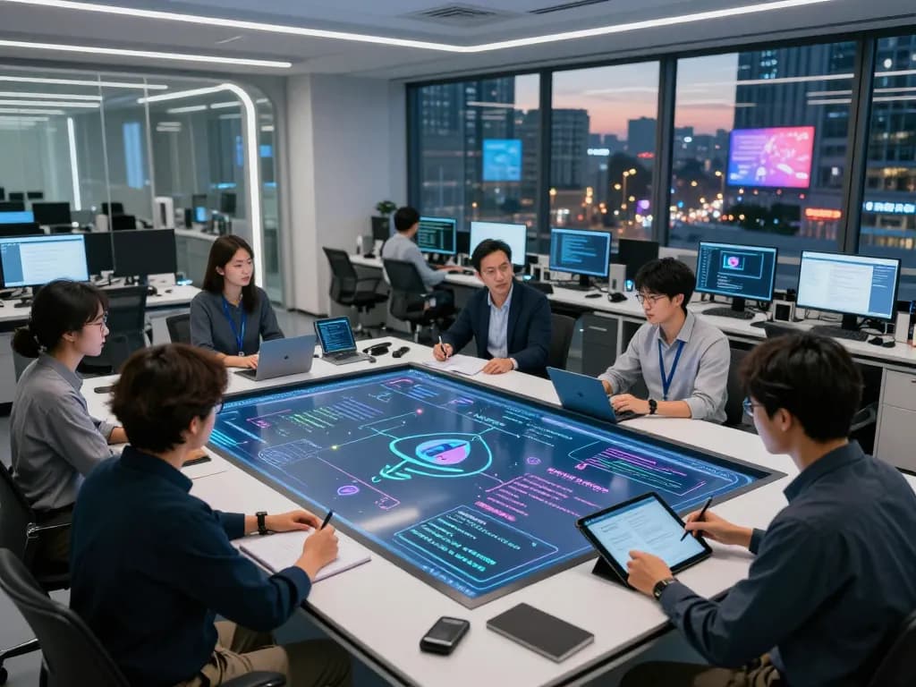 Team researching ai sex implications in a modern lab setting with data visualizations.