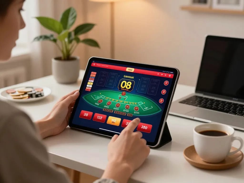Player enjoying a live dealer game on O8 platform in a cozy home setting.