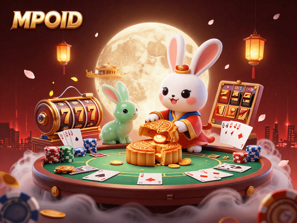 MPOID features a vibrant casino scene with slots, poker chips, and a charming moon rabbit.