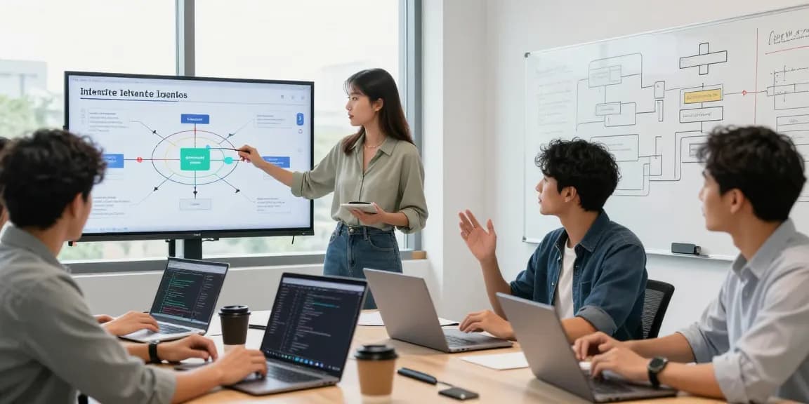 Build internal tools with AI in a modern office collaboration scene showcasing professionals engaged in innovative software development.