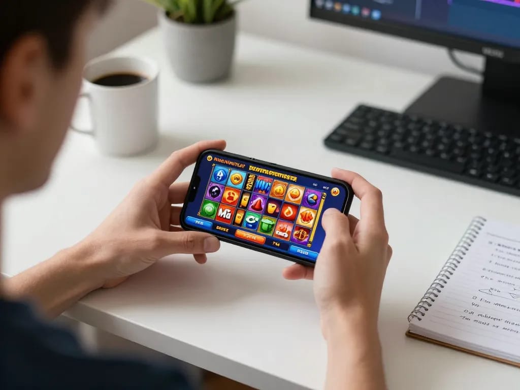 Player using smartphone for Pragmatic Play Super Scatter game, engaging with rosalindinnovations.