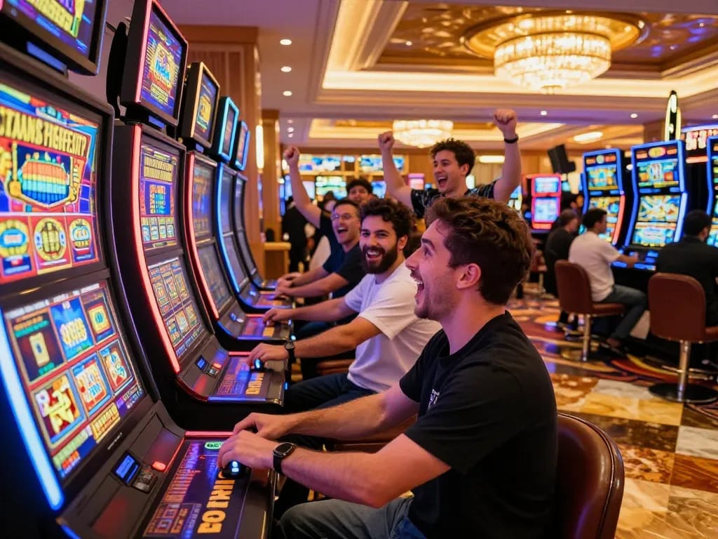 Players celebrating a win on slot machines at weddingshopworld casino, highlighting excitement and engagement