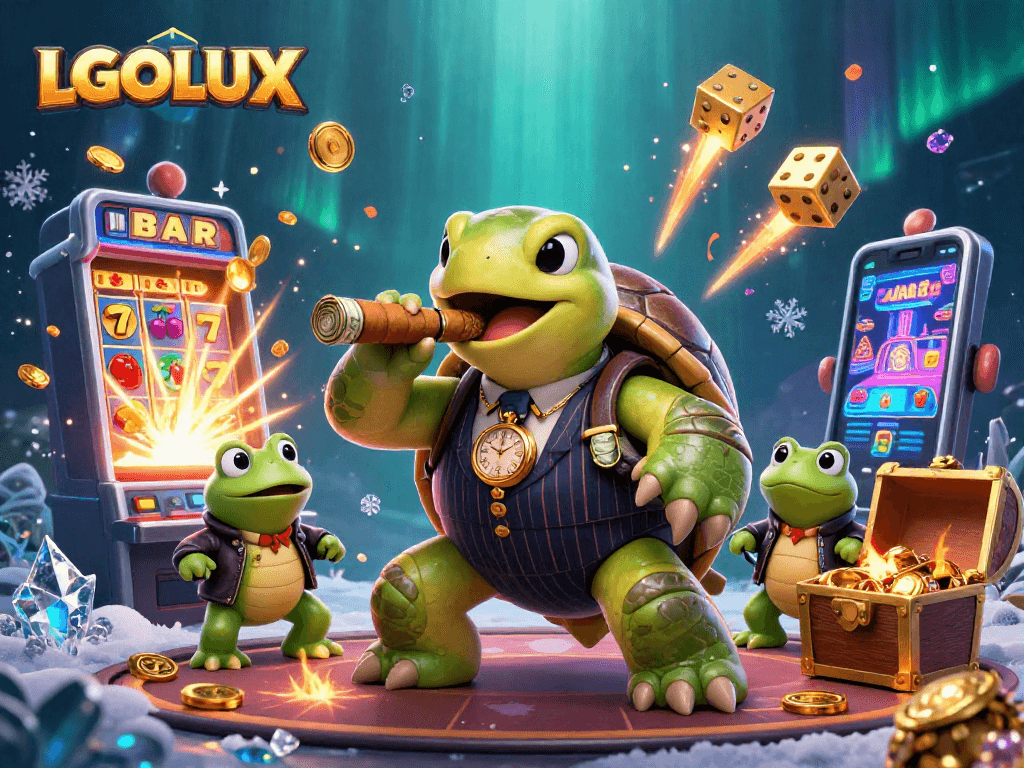 Experience the excitement of LGOLUX with a cartoon snapping turtle in a casino scene bursting with jackpots.