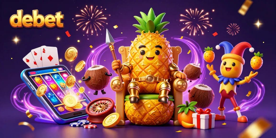 Engage with debet-themed slot games and lively characters in a vibrant casino atmosphere.