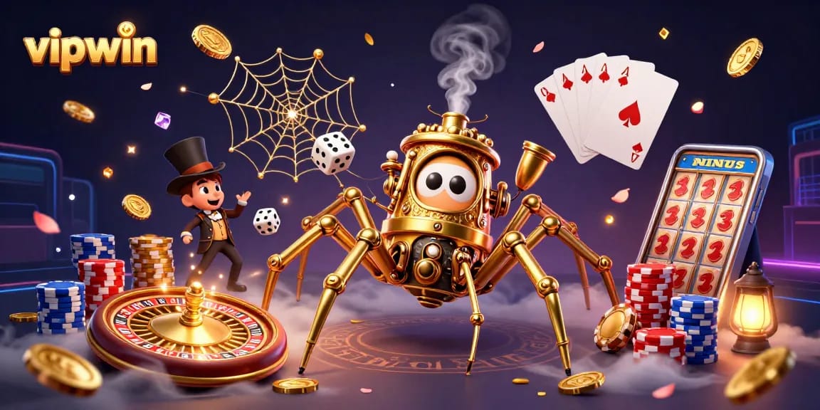 Experience the excitement of vipwin with this vibrant 3D illustration of a steampunk spider catching dice in a dazzling casino.