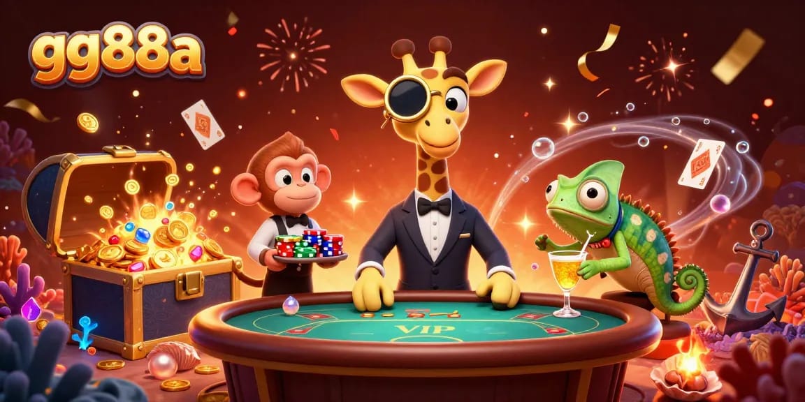 Engage with thrilling gameplay at gg88a, showcasing a high-roller giraffe at a vibrant VIP casino scene.