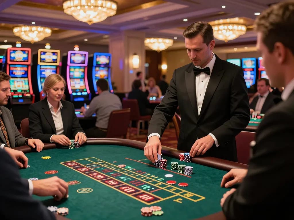 Players strategizing their bets at TR88 casino, vibrant game tables set up with colorful chips.