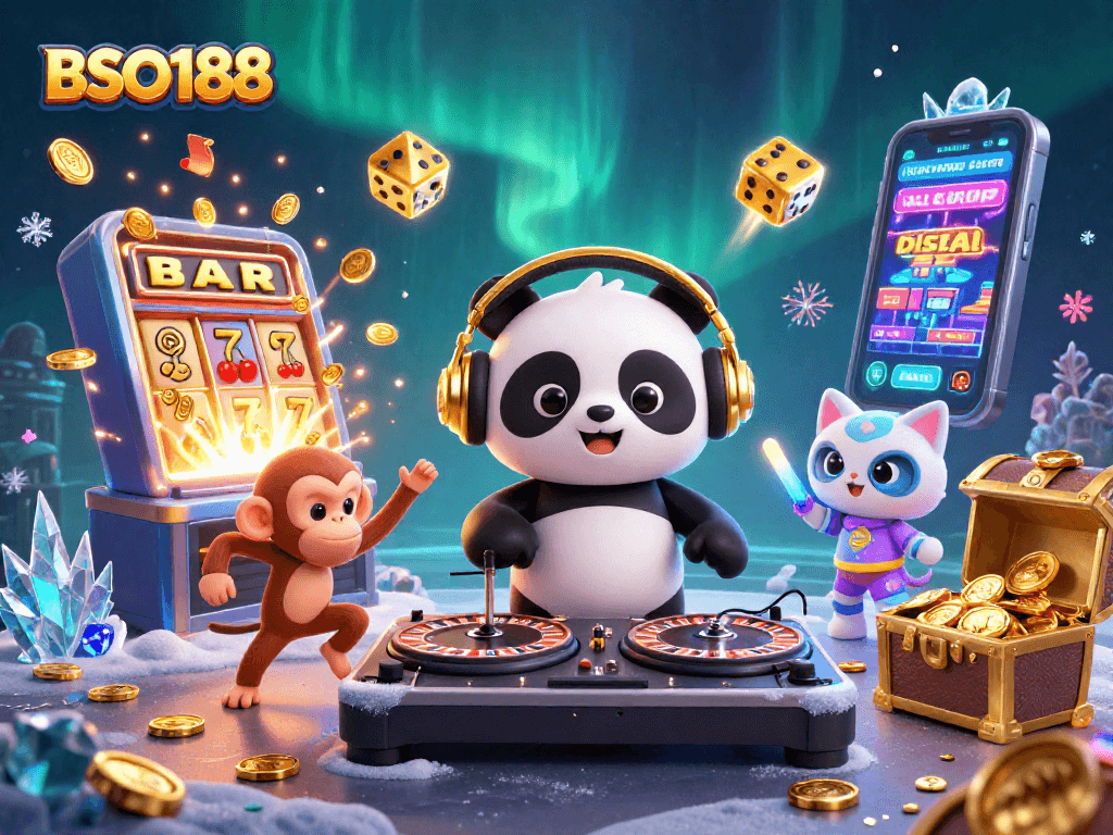 Experience the vibrant world of BSO188 with a DJ panda, a dancing monkey, and a rave kitten amidst dynamic casino elements.