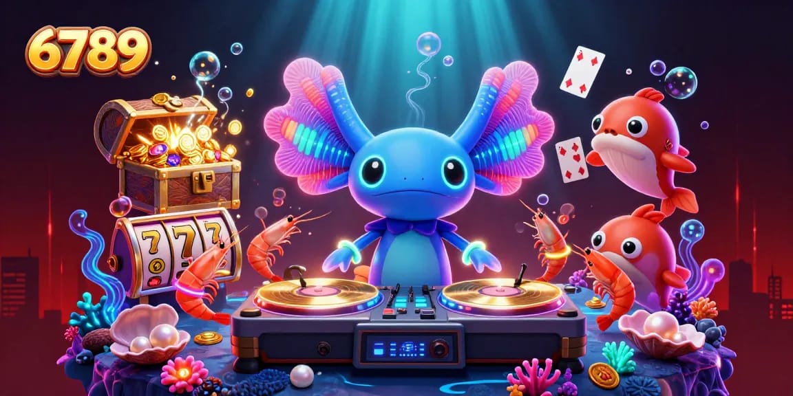 Engage in 6789 casino action with neon characters, slot visuals, and dynamic underwater elements.