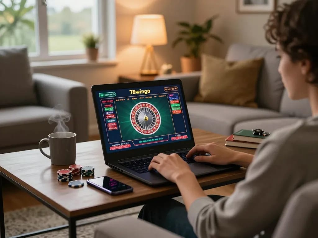 Engaging online gambling scene at 78wingo with player using laptop and vibrant roulette interface.
