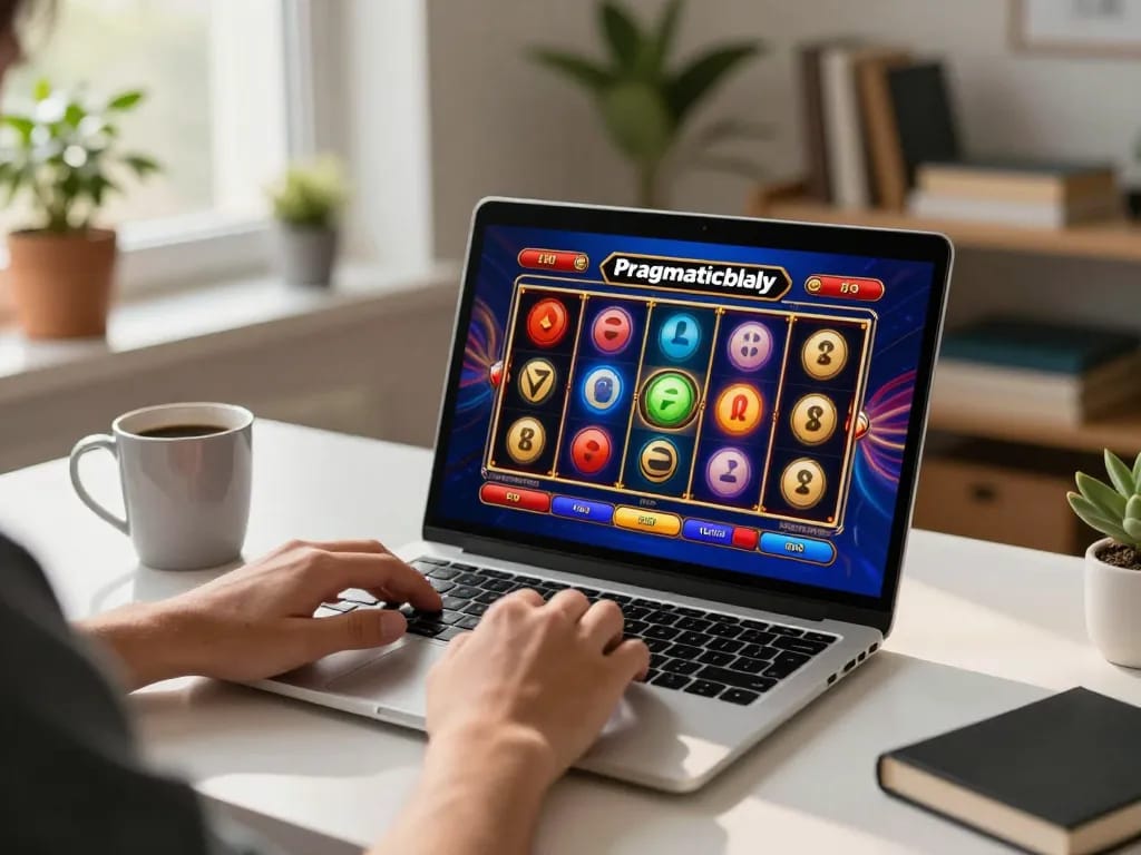Engaging online gaming experience with Pragmaticplay slots displayed on a laptop, cozy home setting