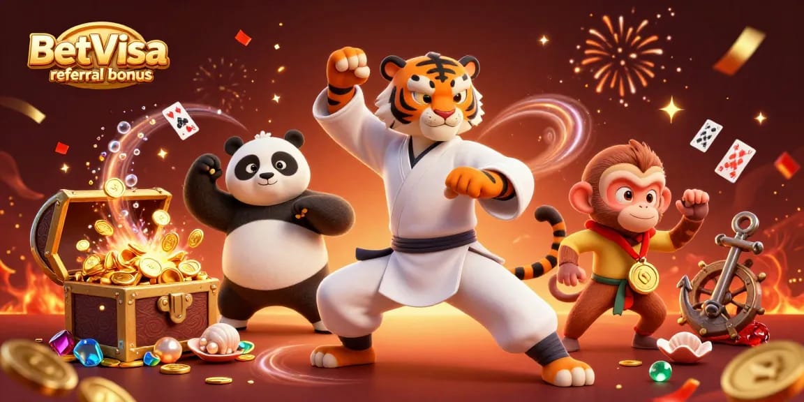 Claim the BetVisa referral bonus while enjoying a vibrant casino adventure with animated characters.
