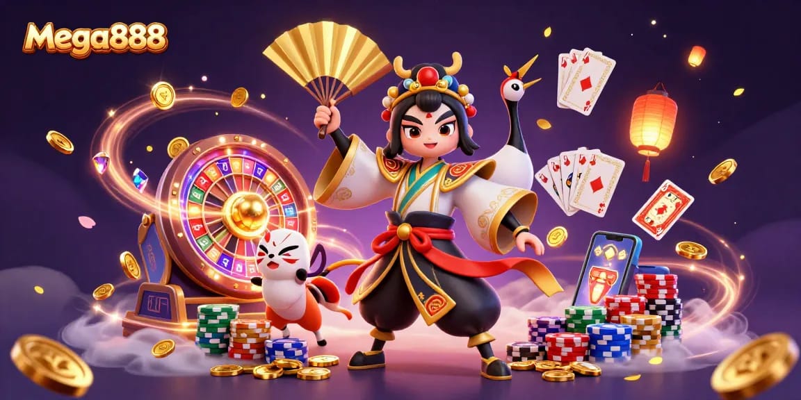 Experience winning with mega888's vibrant casino slots and dynamic characters in this 3D illustration.