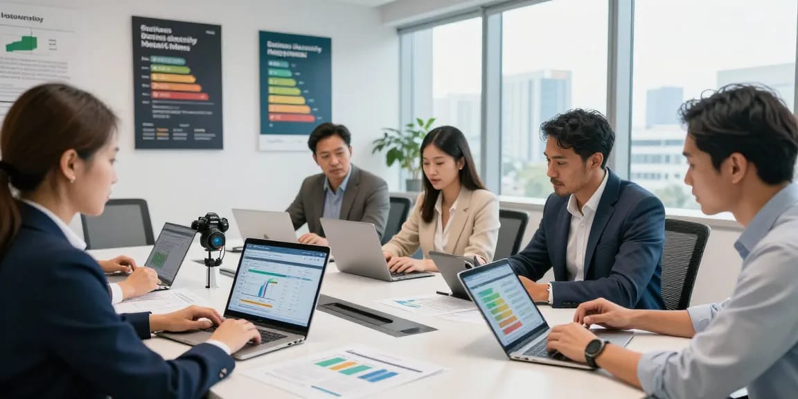 Team discussing business electricity half hourly meter data in a modern office setting