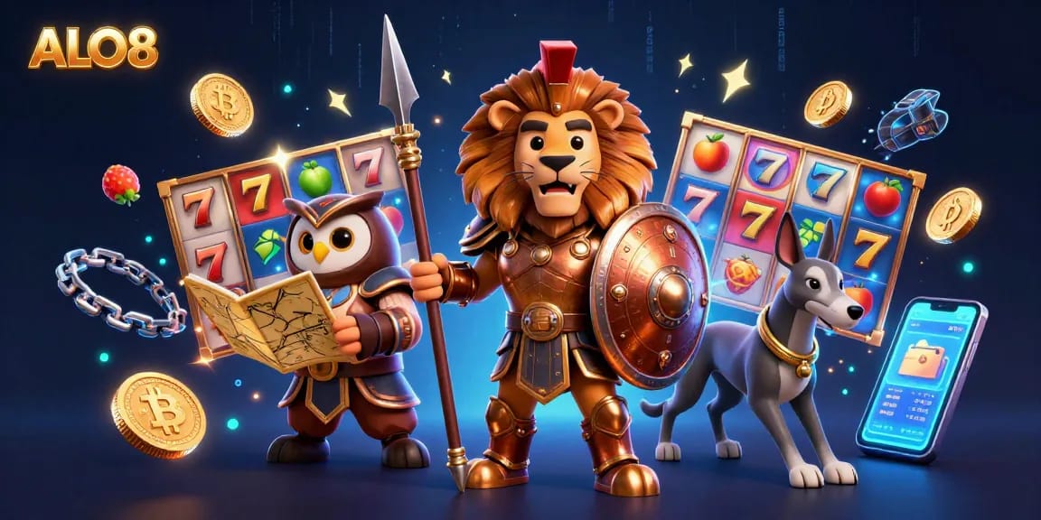 Engage with ALO8's vibrant casino experience featuring a Spartan lion and thrilling game elements.